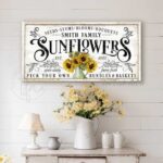 Sunflowers Personalize-able Canvas or Outdoor Exterior Commercial-Grade Metal Sign handmade in the USA and built to last a lifetime by ToeFishArt. Add your family name to this beautiful vibrant colorful sunflowers bouquet artwork for unique eye-catching curb appeal. Original, custom, personalized wall decor signs. Canvas, Wood or Metal. Rustic modern farmhouse, cottagecore, vintage, retro, industrial, Americana, primitive, country, coastal, minimalist.