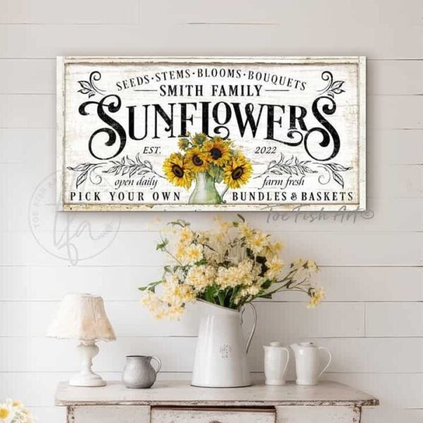 Sunflowers Personalize-able Canvas or Outdoor Exterior Commercial-Grade Metal Sign handmade in the USA and built to last a lifetime by ToeFishArt. Add your family name to this beautiful vibrant colorful sunflowers bouquet artwork for unique eye-catching curb appeal. Original, custom, personalized wall decor signs. Canvas, Wood or Metal. Rustic modern farmhouse, cottagecore, vintage, retro, industrial, Americana, primitive, country, coastal, minimalist.