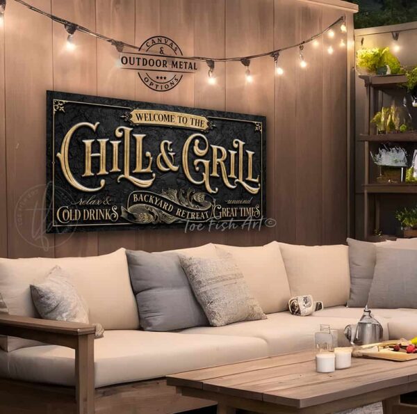 Chill & Grill Backyard Retreat Personalized Sign handmade by ToeFishArt. Personalize-able Canvas or Outdoor Exterior Commercial-Grade Metal Sign handmade in the USA and built to last a lifetime by ToeFishArt. Add your family name and date to this beautiful artwork for unique eye-catching back deck pool patio appeal. Color options available. Original, custom, personalized wall decor signs. Canvas, Wood or Metal. Rustic modern farmhouse, cottagecore, vintage, retro, industrial, Americana, primitive, country, coastal, minimalist.