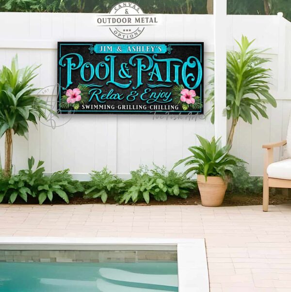 Toe Fish Art Custom Personalize-able Pool & Patio sign Canvas or Outdoor Metal, Welcome to the Pool & Patio, Hibiscus Flowers Tropical Beachy Artwork. Popular sayings like Relax & Enjoy Swimming Grilling Chilling, Proudly Serving Whatever You Brought. Color options! Stylish Chic Vintage Slate Black with Rustic Gold Lettering, Rustic Black with Aqua Pool Blue lettering and Pink Hibiscus Floral Artwork, or Rustic Vintage Black with Rustic White lettering, vintage tropical cottage patio sign, handmade by ToeFishArt. Outdoor Exterior Commercial-Grade waterproof and weatherproof durable solid Metal Sign handmade in the USA from start to finish, and built to last a lifetime by the Toe Fish Art family artisans. Add your custom Family Name and established date to this beautiful original artwork for unique eye-catching decor indoors or outdoors. Original, custom, personalized wall decor signs. Canvas, Wood or Metal. Rustic modern farmhouse, cottagecore, vintage, retro, industrial, Americana, primitive, country, coastal, minimalist.