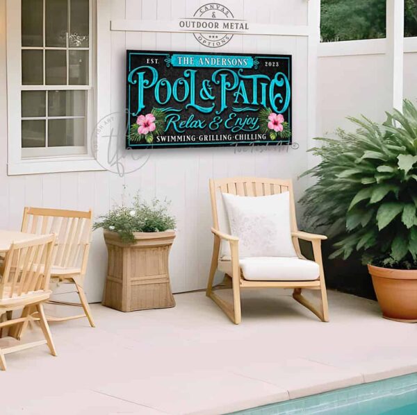 Toe Fish Art Custom Personalize-able Pool & Patio sign Canvas or Outdoor Metal, Welcome to the Pool & Patio, Hibiscus Flowers Tropical Beachy Artwork. Popular sayings like Relax & Enjoy Swimming Grilling Chilling, Proudly Serving Whatever You Brought. Color options! Stylish Chic Vintage Slate Black with Rustic Gold Lettering, Rustic Black with Aqua Pool Blue lettering and Pink Hibiscus Floral Artwork, or Rustic Vintage Black with Rustic White lettering, vintage tropical cottage patio sign, handmade by ToeFishArt. Outdoor Exterior Commercial-Grade waterproof and weatherproof durable solid Metal Sign handmade in the USA from start to finish, and built to last a lifetime by the Toe Fish Art family artisans. Add your custom Family Name and established date to this beautiful original artwork for unique eye-catching decor indoors or outdoors. Original, custom, personalized wall decor signs. Canvas, Wood or Metal. Rustic modern farmhouse, cottagecore, vintage, retro, industrial, Americana, primitive, country, coastal, minimalist.