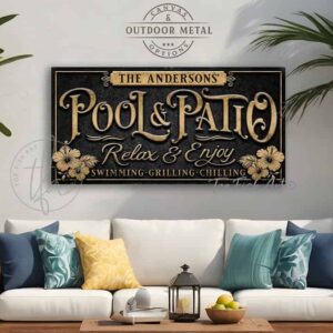 Toe Fish Art Custom Personalize-able Pool & Patio sign Canvas or Outdoor Metal, Welcome to the Pool & Patio, Hibiscus Flowers Tropical Beachy Artwork. Popular sayings like Relax & Enjoy Swimming Grilling Chilling, Proudly Serving Whatever You Brought. Color options! Stylish Chic Vintage Slate Black with Rustic Gold Lettering, Rustic Black with Aqua Pool Blue lettering and Pink Hibiscus Floral Artwork, or Rustic Vintage Black with Rustic White lettering, vintage tropical cottage patio sign, handmade by ToeFishArt. Outdoor Exterior Commercial-Grade waterproof and weatherproof durable solid Metal Sign handmade in the USA from start to finish, and built to last a lifetime by the Toe Fish Art family artisans. Add your custom Family Name and established date to this beautiful original artwork for unique eye-catching decor indoors or outdoors. Original, custom, personalized wall decor signs. Canvas, Wood or Metal. Rustic modern farmhouse, cottagecore, vintage, retro, industrial, Americana, primitive, country, coastal, minimalist.