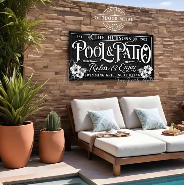 Toe Fish Art Custom Personalize-able Pool & Patio sign Canvas or Outdoor Metal, Welcome to the Pool & Patio, Hibiscus Flowers Tropical Beachy Artwork. Popular sayings like Relax & Enjoy Swimming Grilling Chilling, Proudly Serving Whatever You Brought. Color options! Stylish Chic Vintage Slate Black with Rustic Gold Lettering, Rustic Black with Aqua Pool Blue lettering and Pink Hibiscus Floral Artwork, or Rustic Vintage Black with Rustic White lettering, vintage tropical cottage patio sign, handmade by ToeFishArt. Outdoor Exterior Commercial-Grade waterproof and weatherproof durable solid Metal Sign handmade in the USA from start to finish, and built to last a lifetime by the Toe Fish Art family artisans. Add your custom Family Name and established date to this beautiful original artwork for unique eye-catching decor indoors or outdoors. Original, custom, personalized wall decor signs. Canvas, Wood or Metal. Rustic modern farmhouse, cottagecore, vintage, retro, industrial, Americana, primitive, country, coastal, minimalist.