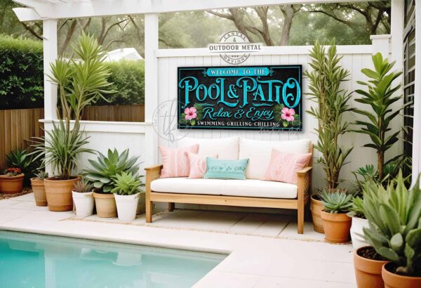 Toe Fish Art Custom Personalize-able Pool & Patio sign Canvas or Outdoor Metal, Welcome to the Pool & Patio, Hibiscus Flowers Tropical Beachy Artwork. Popular sayings like Relax & Enjoy Swimming Grilling Chilling, Proudly Serving Whatever You Brought. Color options! Stylish Chic Vintage Slate Black with Rustic Gold Lettering, Rustic Black with Aqua Pool Blue lettering and Pink Hibiscus Floral Artwork, or Rustic Vintage Black with Rustic White lettering, vintage tropical cottage patio sign, handmade by ToeFishArt. Outdoor Exterior Commercial-Grade waterproof and weatherproof durable solid Metal Sign handmade in the USA from start to finish, and built to last a lifetime by the Toe Fish Art family artisans. Add your custom Family Name and established date to this beautiful original artwork for unique eye-catching decor indoors or outdoors. Original, custom, personalized wall decor signs. Canvas, Wood or Metal. Rustic modern farmhouse, cottagecore, vintage, retro, industrial, Americana, primitive, country, coastal, minimalist.