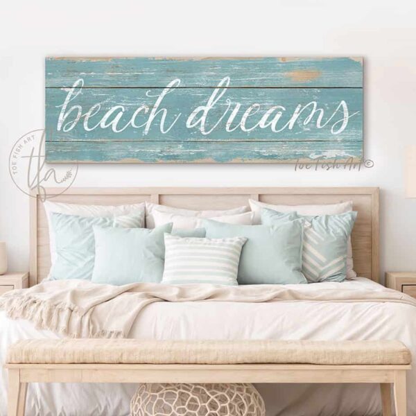 Toe Fish Art Beach Dreams Sign, Coastal Wall Decor, Vintage Aquamarine Sea Blue-Green with White lettering, Reclaimed Pallet style, Outdoor Metal or Rustic Canvas with framing options, Personalize-able rustic coastal farmhouse sign, in beautiful vintage beach cottage ocean blues, handmade in the USA by ToeFishArt. Outdoor Exterior Commercial-Grade durable Metal Sign handmade in the USA and built to last a lifetime by the Toe Fish Art family artisans. Unique eye-catching decor indoors or outdoor curb appeal. Original, custom, personalized wall decor signs. Canvas, Wood or Metal. Rustic modern farmhouse, cottagecore, vintage, retro, industrial, Americana, primitive, country, coastal, minimalist.
