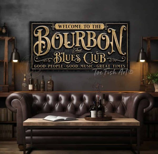 Toe Fish Art Bourbon and Blues Club Canvas or Outdoor Metal Personalize-able Custom Sign, Slate Black, Rustic Gold lettering, custom wording options, handmade by ToeFishArt. Personalize-able Canvas or Outdoor Exterior Commercial-Grade Metal Sign handmade in the USA and built to last a lifetime by ToeFishArt. Add your family name and favorite saying to this beautiful artwork for unique eye-catching appeal indoors or for your outdoor living space. Color options available. Original, custom, personalized wall decor signs. Canvas, Wood or Metal. Rustic modern farmhouse, cottagecore, vintage, retro, industrial, Americana, primitive, country, coastal, minimalist.