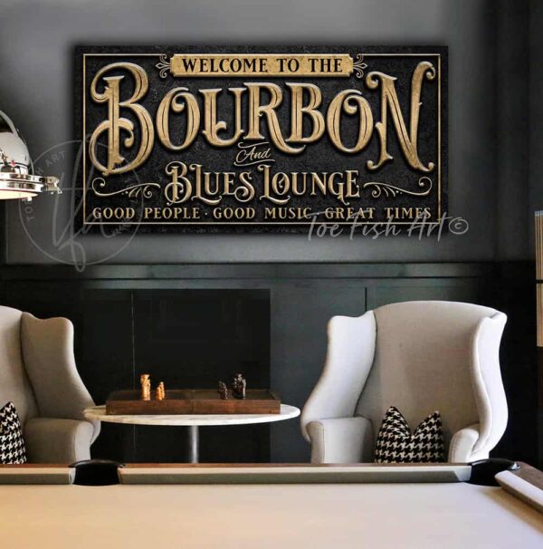 Toe Fish Art Bourbon and Blues Lounge Canvas or Outdoor Metal Personalize-able Custom Sign, Slate Black, Rustic Gold lettering, custom wording options, handmade by ToeFishArt. Personalize-able Canvas or Outdoor Exterior Commercial-Grade Metal Sign handmade in the USA and built to last a lifetime by ToeFishArt. Add your family name and favorite saying to this beautiful artwork for unique eye-catching appeal indoors or for your outdoor living space. Color options available. Original, custom, personalized wall decor signs. Canvas, Wood or Metal. Rustic modern farmhouse, cottagecore, vintage, retro, industrial, Americana, primitive, country, coastal, minimalist.