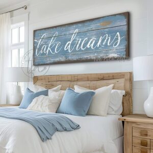 Toe Fish Art Lake Dreams Sign Rustic Lake House Wall Decor, Vintage Soft Light Blue-Gray with White Lettering, Rustic Reclaimed Pallet Style Artwork, Outdoor Metal or Rustic Canvas with framing options, Personalize-able rustic lake cabin farmhouse sign, in beautiful vintage cottage blues, handmade in the USA by ToeFishArt. Outdoor Exterior Commercial-Grade durable Metal Sign handmade in the USA and built to last a lifetime by the Toe Fish Art family artisans. Unique eye-catching decor indoors or outdoor curb appeal. Original, custom, personalized wall decor signs. Canvas, Wood or Metal. Rustic modern farmhouse, cottagecore, vintage, retro, industrial, Americana, primitive, country, coastal, minimalist.