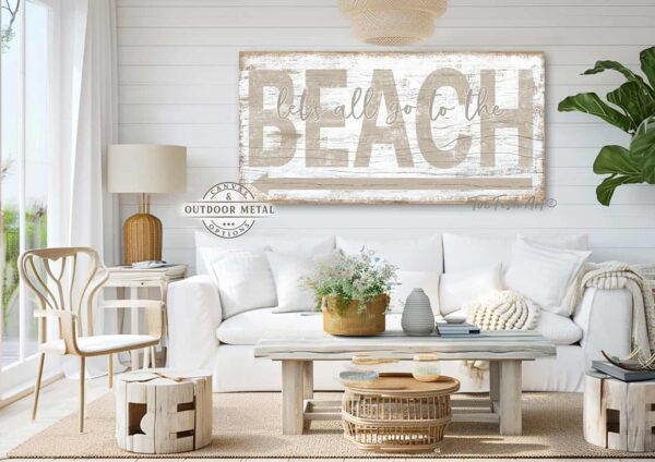 ToeFishArt Let's All Go to the Beach Outdoor Metal or Canvas Personalize-able rustic coastal farmhouse sign, in beautiful vintage beach cottage sandy tan and distressed white, handmade by ToeFishArt. Outdoor Exterior Commercial-Grade durable Metal Sign handmade in the USA and built to last a lifetime by the Toe Fish Art family artisans. Add your custom Beach Name and City, State to this beautiful blue and white artwork for unique eye-catching decor indoors or outdoor curb appeal. Original, custom, personalized wall decor signs. Canvas, Wood or Metal. Rustic modern farmhouse, cottagecore, vintage, retro, industrial, Americana, primitive, country, coastal, minimalist.