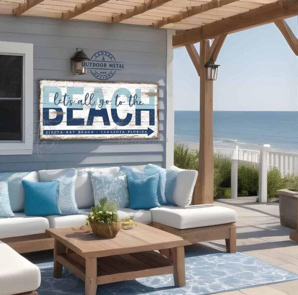 ToeFishArt Let's All Go to the Beach Outdoor Metal or Canvas Personalize-able rustic coastal farmhouse sign, in beautiful vintage beach cottage ocean blues and distressed white, handmade by ToeFishArt. Outdoor Exterior Commercial-Grade durable Metal Sign handmade in the USA and built to last a lifetime by the Toe Fish Art family artisans. Add your custom Beach Name and City, State to this beautiful blue and white artwork for unique eye-catching decor indoors or outdoor curb appeal. Original, custom, personalized wall decor signs. Canvas, Wood or Metal. Rustic modern farmhouse, cottagecore, vintage, retro, industrial, Americana, primitive, country, coastal, minimalist.