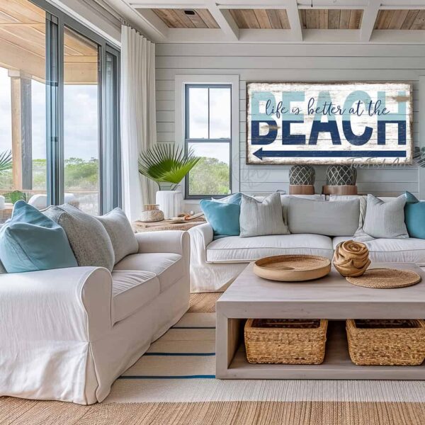 ToeFishArt Life is Better at the Beach Outdoor Metal or Canvas Personalize-able rustic coastal farmhouse sign, in beautiful vintage beach cottage ocean blues and distressed white, handmade by ToeFishArt. Outdoor Exterior Commercial-Grade durable Metal Sign handmade in the USA and built to last a lifetime by the Toe Fish Art family artisans. Add your custom Beach Name and City, State to this beautiful blue and white artwork for unique eye-catching decor indoors or outdoor curb appeal. Original, custom, personalized wall decor signs. Canvas, Wood or Metal. Rustic modern farmhouse, cottagecore, vintage, retro, industrial, Americana, primitive, country, coastal, minimalist.