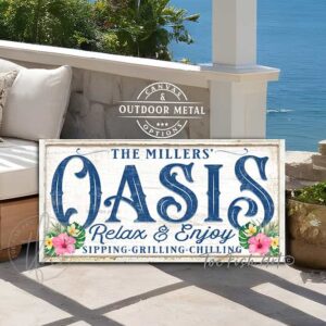 Toe Fish Art Personalize-able Oasis sign Canvas or Outdoor Metal, Welcome to the Oasis, Relax & Enjoy, Sit Long Talk Much Laugh Often, Sipping Grilling Chilling, Timeworn White, Blue Lettering, Tropical Flowers, vintage coastal cottage patio sign, in beautiful ocean blues with colorful tropical flowers, handmade by ToeFishArt. Outdoor Exterior Commercial-Grade durable Metal Sign handmade in the USA and built to last a lifetime by the Toe Fish Art family artisans. Add your custom Name to this beautiful original artwork for unique eye-catching decor indoors or outdoors. Original, custom, personalized wall decor signs. Canvas, Wood or Metal. Rustic modern farmhouse, cottagecore, vintage, retro, industrial, Americana, primitive, country, coastal, minimalist.