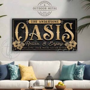 Toe Fish Art Personalize-able Oasis sign Canvas or Outdoor Metal, Welcome to the Oasis, Relax & Enjoy, Sit Long Talk Much Laugh Often, Sipping Grilling Chilling, Stylish Chic Slate Black with Knotty Tan Woodgrain Lettering, vintage coastal cottage patio sign, handmade by ToeFishArt. Outdoor Exterior Commercial-Grade durable Metal Sign handmade in the USA and built to last a lifetime by the Toe Fish Art family artisans. Add your custom Name to this beautiful original artwork for unique eye-catching decor indoors or outdoors. Original, custom, personalized wall decor signs. Canvas, Wood or Metal. Rustic modern farmhouse, cottagecore, vintage, retro, industrial, Americana, primitive, country, coastal, minimalist.