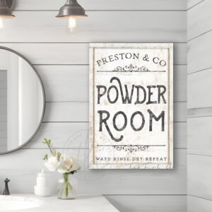 Powder Room sign in choice of colors handmade by ToeFishArt. Personalize-able Canvas Sign handmade in the USA and built to last a lifetime by ToeFishArt. Add your family name & company to this vintage artwork for a unique, whimsical touch to your personal relaxation spa space. Original, custom, personalized wall decor signs. Canvas, Wood or Metal. Rustic modern farmhouse, cottagecore, vintage, retro, industrial, Americana, primitive, country, coastal, minimalist.