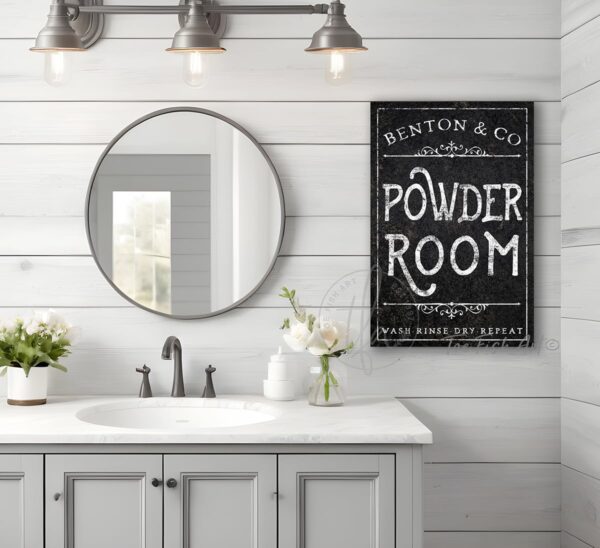 Powder Room sign in choice of colors handmade by ToeFishArt. Personalize-able Canvas Sign handmade in the USA and built to last a lifetime by ToeFishArt. Add your family name & company to this vintage artwork for a unique, whimsical touch to your personal relaxation spa space. Original, custom, personalized wall decor signs. Canvas, Wood or Metal. Rustic modern farmhouse, cottagecore, vintage, retro, industrial, Americana, primitive, country, coastal, minimalist.