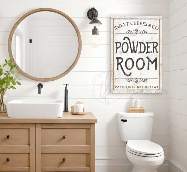 Powder Room sign in choice of colors handmade by ToeFishArt. Personalize-able Canvas Sign handmade in the USA and built to last a lifetime by ToeFishArt. Add your family name & company to this vintage artwork for a unique, whimsical touch to your personal relaxation spa space. Original, custom, personalized wall decor signs. Canvas, Wood or Metal. Rustic modern farmhouse, cottagecore, vintage, retro, industrial, Americana, primitive, country, coastal, minimalist.