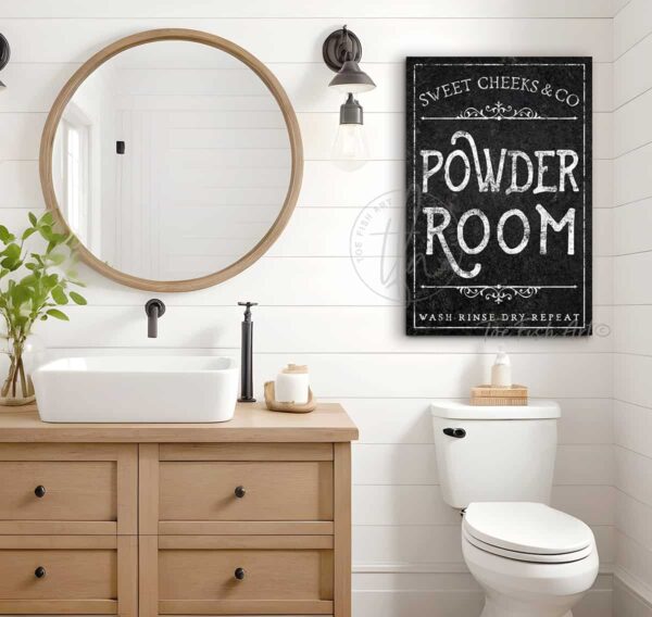 Powder Room sign in choice of colors handmade by ToeFishArt. Personalize-able Canvas Sign handmade in the USA and built to last a lifetime by ToeFishArt. Add your family name & company to this vintage artwork for a unique, whimsical touch to your personal relaxation spa space. Original, custom, personalized wall decor signs. Canvas, Wood or Metal. Rustic modern farmhouse, cottagecore, vintage, retro, industrial, Americana, primitive, country, coastal, minimalist.