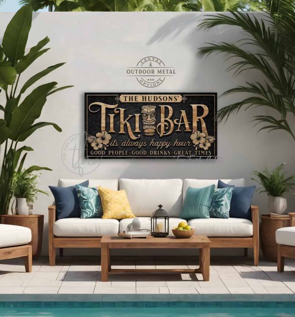 Toe Fish Art Personalize-able Tiki Bar totem pole sign Canvas or Outdoor Metal, Welcome to the Tiki Bar, It's always happy hour, Good people Good drinks Great times, Sipping Grilling Chilling, Proudly serving whatever you brought, Stylish Chic marble Black with Knotty Tan Woodgrain Lettering, tropical coastal cottage patio sign with hibiscus floral design, handmade by ToeFishArt. Outdoor Exterior Commercial-Grade durable Metal Sign handmade in the USA and built to last a lifetime by the Toe Fish Art family artisans. Add your custom Name to this beautiful original artwork for unique eye-catching decor indoors or outdoors. Original, custom, personalized wall decor signs. Canvas, Wood or Metal. Rustic modern farmhouse, cottagecore, vintage, retro, industrial, Americana, primitive, country, coastal, minimalist.