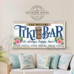 Toe Fish Art Personalize-able Tiki Bar totem pole sign Canvas or Outdoor Metal, Welcome to the Tiki Bar, It's always happy hour, Good people Good drinks Great times, Sipping Grilling Chilling, Proudly serving whatever you brought, Vintage white with deep ocean blue Lettering, tropical coastal cottage patio sign with vibrant colorful hibiscus floral design, handmade by ToeFishArt. Outdoor Exterior Commercial-Grade durable Metal Sign handmade in the USA and built to last a lifetime by the Toe Fish Art family artisans. Add your custom Name to this beautiful original artwork for unique eye-catching decor indoors or outdoors. Original, custom, personalized wall decor signs. Canvas, Wood or Metal. Rustic modern farmhouse, cottagecore, vintage, retro, industrial, Americana, primitive, country, coastal, minimalist.
