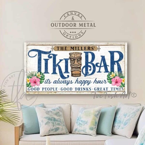 Toe Fish Art Personalize-able Tiki Bar totem pole sign Canvas or Outdoor Metal, Welcome to the Tiki Bar, It's always happy hour, Good people Good drinks Great times, Sipping Grilling Chilling, Proudly serving whatever you brought, Vintage white with deep ocean blue Lettering, tropical coastal cottage patio sign with vibrant colorful hibiscus floral design, handmade by ToeFishArt. Outdoor Exterior Commercial-Grade durable Metal Sign handmade in the USA and built to last a lifetime by the Toe Fish Art family artisans. Add your custom Name to this beautiful original artwork for unique eye-catching decor indoors or outdoors. Original, custom, personalized wall decor signs. Canvas, Wood or Metal. Rustic modern farmhouse, cottagecore, vintage, retro, industrial, Americana, primitive, country, coastal, minimalist.