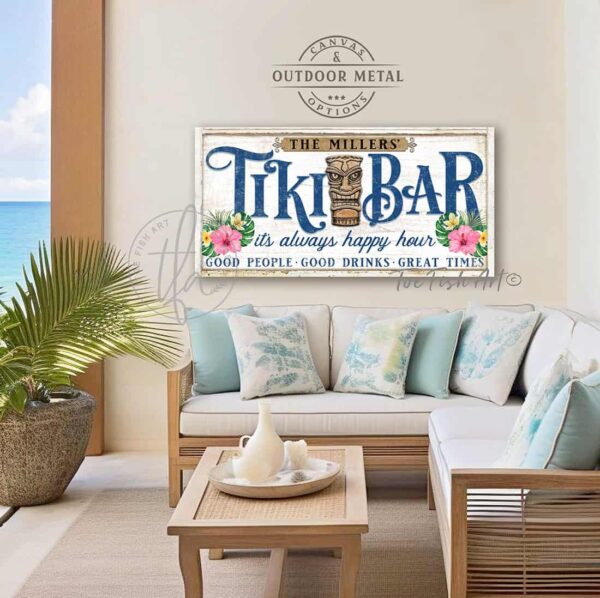 Toe Fish Art Personalize-able Tiki Bar totem pole sign Canvas or Outdoor Metal, Welcome to the Tiki Bar, It's always happy hour, Good people Good drinks Great times, Sipping Grilling Chilling, Proudly serving whatever you brought, Vintage white with deep ocean blue Lettering, tropical coastal cottage patio sign with vibrant colorful hibiscus floral design, handmade by ToeFishArt. Outdoor Exterior Commercial-Grade durable Metal Sign handmade in the USA and built to last a lifetime by the Toe Fish Art family artisans. Add your custom Name to this beautiful original artwork for unique eye-catching decor indoors or outdoors. Original, custom, personalized wall decor signs. Canvas, Wood or Metal. Rustic modern farmhouse, cottagecore, vintage, retro, industrial, Americana, primitive, country, coastal, minimalist.