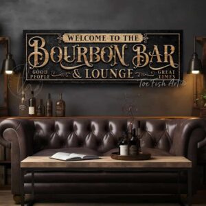 ToeFishArt Bourbon Bar & Lounge Canvas or Outdoor Metal Personalize-able Custom Sign, Slate Black, Rustic Gold lettering, Knotty Tan Woodgrain Lettering, Finest Bourbon Hand Rolled Cigars handmade by ToeFishArt. Personalize-able Canvas or Outdoor Exterior Commercial-Grade Metal Sign handmade in the USA and built to last a lifetime by ToeFishArt. Add your family name or catch phrase to this beautiful artwork for unique eye-catching appeal indoors or for your outdoor living space. Color options available. Original, custom, personalized wall decor signs. Canvas, Wood or Metal. Rustic modern farmhouse, cottagecore, vintage, retro, industrial, Americana, primitive, country, coastal, minimalist.