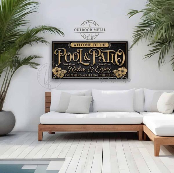 Toe Fish Art Personalize-able Pool & Patio sign Canvas or Outdoor Metal, Welcome to the Pool & Patio, Relax & Enjoy Swimming Grilling Chilling, Stylish Chic Slate Black with Rustic Gold Lettering, vintage tropical cottage patio sign, handmade by ToeFishArt. Outdoor Exterior Commercial-Grade durable Metal Sign handmade in the USA and built to last a lifetime by the Toe Fish Art family artisans. Add your custom Name to this beautiful original artwork for unique eye-catching decor indoors or outdoors. Original, custom, personalized wall decor signs. Canvas, Wood or Metal. Rustic modern farmhouse, cottagecore, vintage, retro, industrial, Americana, primitive, country, coastal, minimalist.