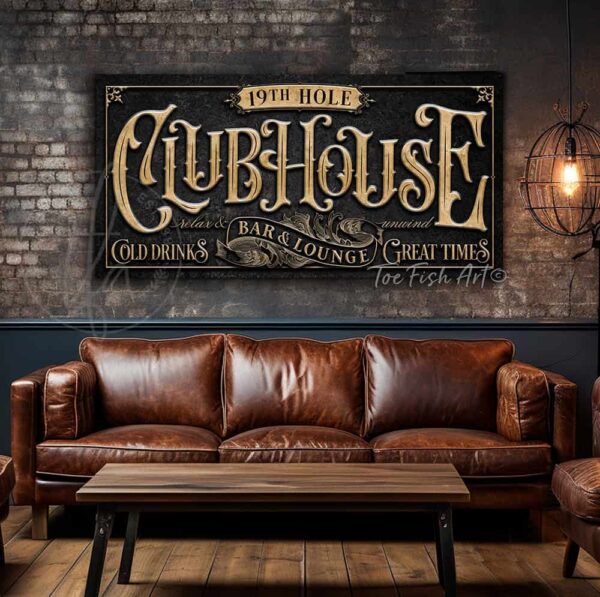 Toe Fish Art Personalize-able custom Clubhouse Bar & Lounge sign handcrafted in Canvas or Outdoor Metal, Slate Black with Rustic Gold lettering decor handmade by ToeFishArt. Outdoor Exterior Commercial-Grade durable Metal Sign handmade in the USA and built to last a lifetime by the Toe Fish Art family artisans. Add your custom Name to this beautiful original artwork for unique eye-catching decor indoors or outdoors. The perfect curb appeal for your front door porch patio entryway. Original, custom, personalized wall decor signs. Canvas, Wood or Metal. Rustic modern farmhouse, cottagecore, vintage, retro, industrial, Americana, primitive, country, coastal, minimalist.