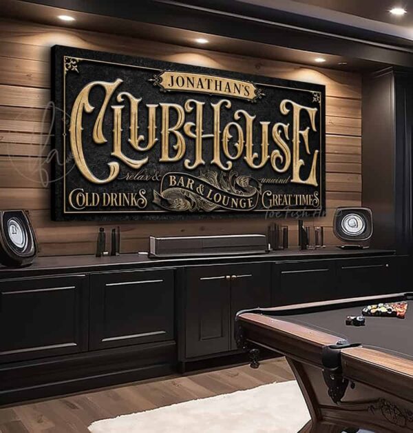 Toe Fish Art Personalize-able custom Clubhouse Bar & Lounge sign handcrafted in Canvas or Outdoor Metal, Slate Black with Rustic Gold lettering decor handmade by ToeFishArt. Outdoor Exterior Commercial-Grade durable Metal Sign handmade in the USA and built to last a lifetime by the Toe Fish Art family artisans. Add your custom Name to this beautiful original artwork for unique eye-catching decor indoors or outdoors. The perfect curb appeal for your front door porch patio entryway. Original, custom, personalized wall decor signs. Canvas, Wood or Metal. Rustic modern farmhouse, cottagecore, vintage, retro, industrial, Americana, primitive, country, coastal, minimalist.