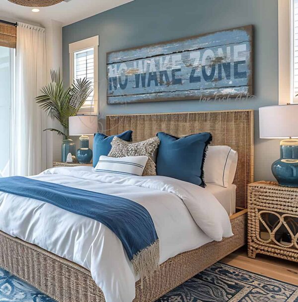 Toe Fish Art No Wake Zone Rustic Coastal Sign Wall Decor, Vintage Soft Light Blue-Grays with White Lettering, Rustic Reclaimed Pallet Style Artwork, Outdoor Metal or Rustic Canvas with framing options, Personalize-able rustic lake cabin beach cottage farmhouse sign, in beautiful vintage cottage two-tone blues and whites, handmade in the USA by ToeFishArt. Outdoor Exterior Commercial-Grade durable Metal Sign handmade in the USA and built to last a lifetime by the Toe Fish Art family artisans. Unique eye-catching decor indoors or outdoor curb appeal. Original, custom, personalized wall decor signs. Canvas, Wood or Metal. Rustic modern farmhouse, cottagecore, vintage, retro, industrial, Americana, primitive, country, coastal, minimalist.