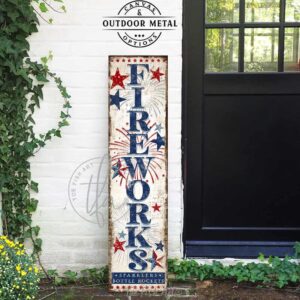 Toe Fish Art Patriotic Welcome Fireworks 4th of July Canvas or Outdoor Metal Sign. Color options: Worn White with Navy Blue lettering, Worn Vintage with Navy Blue lettering, Vintage Black with Rustic Gold lettering. Red, White and Blue Stars. Patriotic Independence Day Celebration Entryway Decoration. Vertical Porch Leaner Seasonal Decor Front Door Greeter Indoor-Outdoor Decor handcrafted in the USA for your Front Door Foyer Porch Deck. Holiday Outdoor Decoration Curb Appeal handmade by woman-owned USA small family American business ToeFishArt. Original, custom, personalized wall decor signs. Canvas, Wood or Metal. Rustic modern farmhouse, cottagecore, vintage, retro, industrial, Americana, primitive, country, coastal, minimalist.