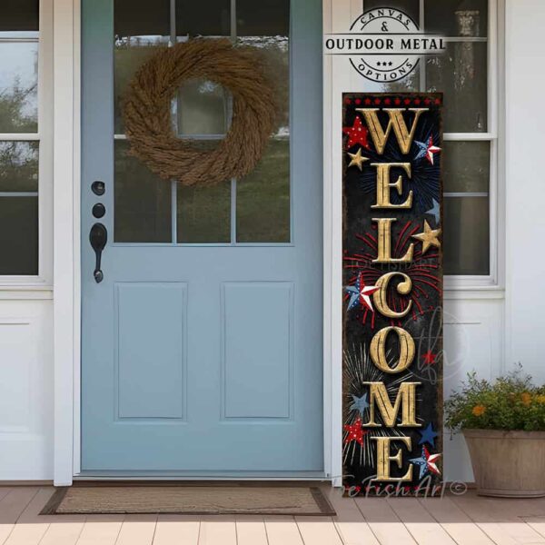 Toe Fish Art Patriotic Welcome 4th of July Canvas or Outdoor Metal Sign. Color options: Worn White with Navy Blue lettering, Worn Vintage with Navy Blue lettering, Vintage Black with Rustic Gold lettering. Red, White and Blue Stars. Patriotic Independence Day Celebration Entryway Decoration. Vertical Porch Leaner Seasonal Decor Front Door Greeter Indoor-Outdoor Decor handcrafted in the USA for your Front Door Foyer Porch Deck. Holiday Outdoor Decoration Curb Appeal handmade by woman-owned USA small family American business ToeFishArt. Original, custom, personalized wall decor signs. Canvas, Wood or Metal. Rustic modern farmhouse, cottagecore, vintage, retro, industrial, Americana, primitive, country, coastal, minimalist.