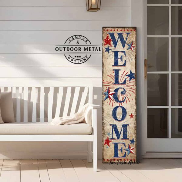 Toe Fish Art Patriotic Welcome 4th of July Canvas or Outdoor Metal Sign. Color options: Worn White with Navy Blue lettering, Worn Vintage with Navy Blue lettering, Vintage Black with Rustic Gold lettering. Red, White and Blue Stars. Patriotic Independence Day Celebration Entryway Decoration. Vertical Porch Leaner Seasonal Decor Front Door Greeter Indoor-Outdoor Decor handcrafted in the USA for your Front Door Foyer Porch Deck. Holiday Outdoor Decoration Curb Appeal handmade by woman-owned USA small family American business ToeFishArt. Original, custom, personalized wall decor signs. Canvas, Wood or Metal. Rustic modern farmhouse, cottagecore, vintage, retro, industrial, Americana, primitive, country, coastal, minimalist.