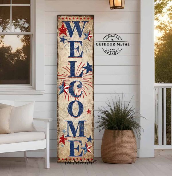 Toe Fish Art Patriotic Welcome 4th of July Canvas or Outdoor Metal Sign. Color options: Worn White with Navy Blue lettering, Worn Vintage with Navy Blue lettering, Vintage Black with Rustic Gold lettering. Red, White and Blue Stars. Patriotic Independence Day Celebration Entryway Decoration. Vertical Porch Leaner Seasonal Decor Front Door Greeter Indoor-Outdoor Decor handcrafted in the USA for your Front Door Foyer Porch Deck. Holiday Outdoor Decoration Curb Appeal handmade by woman-owned USA small family American business ToeFishArt. Original, custom, personalized wall decor signs. Canvas, Wood or Metal. Rustic modern farmhouse, cottagecore, vintage, retro, industrial, Americana, primitive, country, coastal, minimalist.