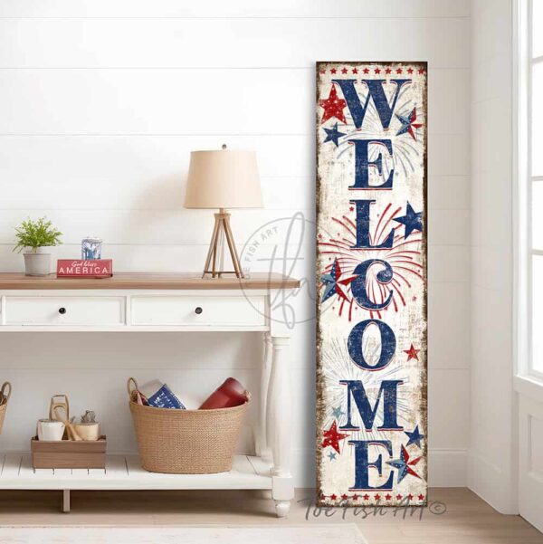 Toe Fish Art Patriotic Welcome 4th of July Canvas or Outdoor Metal Sign. Color options: Worn White with Navy Blue lettering, Worn Vintage with Navy Blue lettering, Vintage Black with Rustic Gold lettering. Red, White and Blue Stars. Patriotic Independence Day Celebration Entryway Decoration. Vertical Porch Leaner Seasonal Decor Front Door Greeter Indoor-Outdoor Decor handcrafted in the USA for your Front Door Foyer Porch Deck. Holiday Outdoor Decoration Curb Appeal handmade by woman-owned USA small family American business ToeFishArt. Original, custom, personalized wall decor signs. Canvas, Wood or Metal. Rustic modern farmhouse, cottagecore, vintage, retro, industrial, Americana, primitive, country, coastal, minimalist.