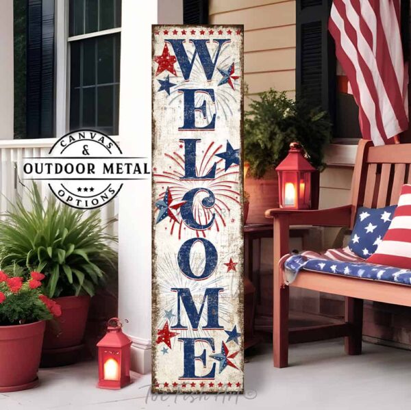 Toe Fish Art Patriotic Welcome 4th of July Canvas or Outdoor Metal Sign. Color options: Worn White with Navy Blue lettering, Worn Vintage with Navy Blue lettering, Vintage Black with Rustic Gold lettering. Red, White and Blue Stars. Patriotic Independence Day Celebration Entryway Decoration. Vertical Porch Leaner Seasonal Decor Front Door Greeter Indoor-Outdoor Decor handcrafted in the USA for your Front Door Foyer Porch Deck. Holiday Outdoor Decoration Curb Appeal handmade by woman-owned USA small family American business ToeFishArt. Original, custom, personalized wall decor signs. Canvas, Wood or Metal. Rustic modern farmhouse, cottagecore, vintage, retro, industrial, Americana, primitive, country, coastal, minimalist.