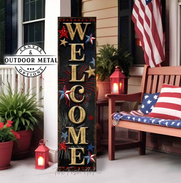 Toe Fish Art Patriotic Welcome 4th of July Canvas or Outdoor Metal Sign. Color options: Worn White with Navy Blue lettering, Worn Vintage with Navy Blue lettering, Vintage Black with Rustic Gold lettering. Red, White and Blue Stars. Patriotic Independence Day Celebration Entryway Decoration. Vertical Porch Leaner Seasonal Decor Front Door Greeter Indoor-Outdoor Decor handcrafted in the USA for your Front Door Foyer Porch Deck. Holiday Outdoor Decoration Curb Appeal handmade by woman-owned USA small family American business ToeFishArt. Original, custom, personalized wall decor signs. Canvas, Wood or Metal. Rustic modern farmhouse, cottagecore, vintage, retro, industrial, Americana, primitive, country, coastal, minimalist.