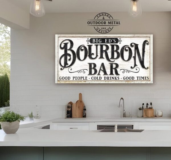 Toe Fish Art Personalize-able custom Bourbon Bar sign handcrafted in the USA in Canvas or Outdoor Metal. Color options are Vintage Slate Black with Knotty Tan lettering, or Timeworn White with Rustic Black lettering handmade by ToeFishArt. Outdoor Exterior Commercial-Grade durable Metal decor handmade in the USA and built to last a lifetime by the Toe Fish Art family artisans. Add your custom Name to this beautiful original artwork for unique eye-catching decor indoors or outdoors. Original, custom, personalized wall decor signs. Canvas, Wood or Metal. Rustic modern farmhouse, cottagecore, vintage, retro, industrial, Americana, primitive, country, coastal, minimalist.