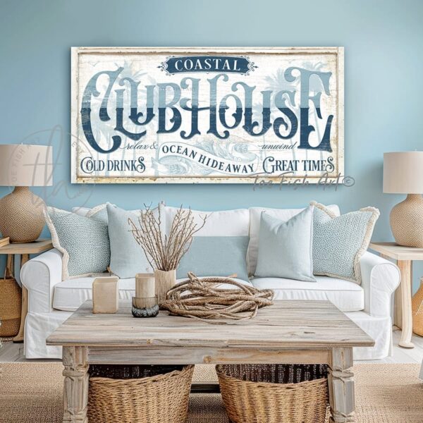 Toe Fish Art Personalize-able custom Ocean Hideaway Clubhouse sign handcrafted in Canvas or Outdoor Metal, Timeworn vintage white with deep ocean blues, tropical coastal cottage patio decor with beautiful serene colors for your coastal farmhouse style home handmade by ToeFishArt. Outdoor Exterior Commercial-Grade durable Metal Sign handmade in the USA and built to last a lifetime by the Toe Fish Art family artisans. Add your custom Name to this beautiful original artwork for unique eye-catching decor indoors or outdoors. The perfect curb appeal for your front door porch patio entryway. Original, custom, personalized wall decor signs. Canvas, Wood or Metal. Rustic modern farmhouse, cottagecore, vintage, retro, industrial, Americana, primitive, country, coastal, minimalist.