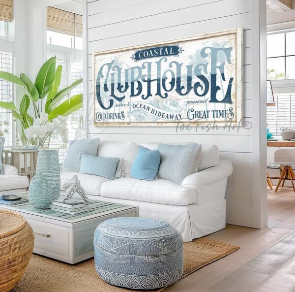 Toe Fish Art Personalize-able custom Ocean Hideaway Clubhouse sign handcrafted in Canvas or Outdoor Metal, Timeworn vintage white with deep ocean blues, tropical coastal cottage patio decor with beautiful serene colors for your coastal farmhouse style home handmade by ToeFishArt. Outdoor Exterior Commercial-Grade durable Metal Sign handmade in the USA and built to last a lifetime by the Toe Fish Art family artisans. Add your custom Name to this beautiful original artwork for unique eye-catching decor indoors or outdoors. The perfect curb appeal for your front door porch patio entryway. Original, custom, personalized wall decor signs. Canvas, Wood or Metal. Rustic modern farmhouse, cottagecore, vintage, retro, industrial, Americana, primitive, country, coastal, minimalist.