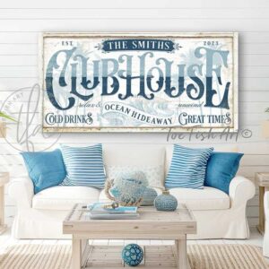 Toe Fish Art Personalize-able custom Ocean Hideaway Clubhouse sign handcrafted in Canvas or Outdoor Metal, Timeworn vintage white with deep ocean blues, tropical coastal cottage patio decor with beautiful serene colors for your coastal farmhouse style home handmade by ToeFishArt. Outdoor Exterior Commercial-Grade durable Metal Sign handmade in the USA and built to last a lifetime by the Toe Fish Art family artisans. Add your custom Name to this beautiful original artwork for unique eye-catching decor indoors or outdoors. The perfect curb appeal for your front door porch patio entryway. Original, custom, personalized wall decor signs. Canvas, Wood or Metal. Rustic modern farmhouse, cottagecore, vintage, retro, industrial, Americana, primitive, country, coastal, minimalist.