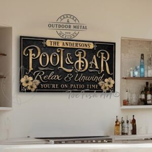 Toe Fish Art Personalize-able Pool & Bar sign handcrafted in Canvas or Outdoor Metal, Welcome to the Pool Bar, Relax & Unwind You're on Patio Time! It's always happy hour, Good people Good drinks Great times, Sipping Grilling Chilling, Proudly serving whatever you brought, Stylish Chic slate Black with Rustic Gold lettering patio sign handmade by ToeFishArt. Outdoor Exterior Commercial-Grade durable Metal Sign handmade in the USA and built to last a lifetime by the Toe Fish Art family artisans. Add your custom Name to this beautiful original artwork for unique eye-catching decor indoors or outdoors. Original, custom, personalized wall decor signs. Canvas, Wood or Metal. Rustic modern farmhouse, cottagecore, vintage, retro, industrial, Americana, primitive, country, coastal, minimalist.