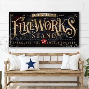 Toe Fish Art Fireworks Stand Canvas or Outdoor Metal Personalize-able 4th of July Decoration, Vintage White style sign, Patriotic Red White and Blue design, vintage Independence Day sign handmade by ToeFishArt. Outdoor Exterior Commercial-Grade durable Metal Sign handmade in the USA and built to last a lifetime by the Toe Fish Art family artisans. Add your custom Name to this beautiful original artwork for unique eye-catching decor indoors or outdoors. Adds great outdoor curb appeal for your Fourth of July fireworks celebrations! Original, custom, personalized wall decor signs. Canvas, Wood or Metal. Rustic modern farmhouse, cottagecore, vintage, retro, industrial, Americana, primitive, country, coastal, minimalist.