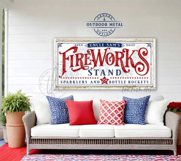 Toe Fish Art Fireworks Stand Canvas or Outdoor Metal Personalize-able 4th of July Decoration, Vintage White style sign, Patriotic Red White and Blue design, vintage Independence Day sign handmade by ToeFishArt. Outdoor Exterior Commercial-Grade durable Metal Sign handmade in the USA and built to last a lifetime by the Toe Fish Art family artisans. Add your custom Name to this beautiful original artwork for unique eye-catching decor indoors or outdoors. Adds great outdoor curb appeal for your Fourth of July fireworks celebrations! Original, custom, personalized wall decor signs. Canvas, Wood or Metal. Rustic modern farmhouse, cottagecore, vintage, retro, industrial, Americana, primitive, country, coastal, minimalist.