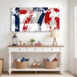 Toe Fish Art Vintage 1776 Canvas or Outdoor Metal 4th of July Patriotic Decoration, Rustic White style sign, Patriotic Red White and Blue design, vintage Independence Day artwork handmade by ToeFishArt. Outdoor Exterior Commercial-Grade durable Metal Sign handmade in the USA and built to last a lifetime by the Toe Fish Art family artisans. Add patriotic curb appeal with this beautiful original artwork for unique eye-catching decor indoors or outdoors. Adds great outdoor curb appeal for your Fourth of July Independence Day parties and celebrations! Original, custom, personalized wall decor signs. Canvas, Wood or Metal. Rustic modern farmhouse, cottagecore, vintage, retro, industrial, Americana, primitive, country, coastal, minimalist.