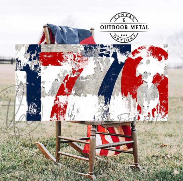Toe Fish Art Vintage 1776 Canvas or Outdoor Metal 4th of July Patriotic Decoration, Rustic White style sign, Patriotic Red White and Blue design, vintage Independence Day artwork handmade by ToeFishArt. Outdoor Exterior Commercial-Grade durable Metal Sign handmade in the USA and built to last a lifetime by the Toe Fish Art family artisans. Add patriotic curb appeal with this beautiful original artwork for unique eye-catching decor indoors or outdoors. Adds great outdoor curb appeal for your Fourth of July Independence Day parties and celebrations! Original, custom, personalized wall decor signs. Canvas, Wood or Metal. Rustic modern farmhouse, cottagecore, vintage, retro, industrial, Americana, primitive, country, coastal, minimalist.