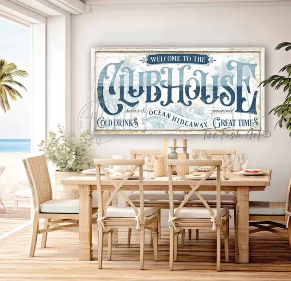 Toe Fish Art Personalize-able custom Ocean Hideaway Clubhouse sign handcrafted in Canvas or Outdoor Metal, Timeworn vintage white with deep ocean blues, tropical coastal cottage patio decor with beautiful serene colors for your coastal farmhouse style home handmade by ToeFishArt. Outdoor Exterior Commercial-Grade durable Metal Sign handmade in the USA and built to last a lifetime by the Toe Fish Art family artisans. Add your custom Name to this beautiful original artwork for unique eye-catching decor indoors or outdoors. The perfect curb appeal for your front door porch patio entryway. Original, custom, personalized wall decor signs. Canvas, Wood or Metal. Rustic modern farmhouse, cottagecore, vintage, retro, industrial, Americana, primitive, country, coastal, minimalist.