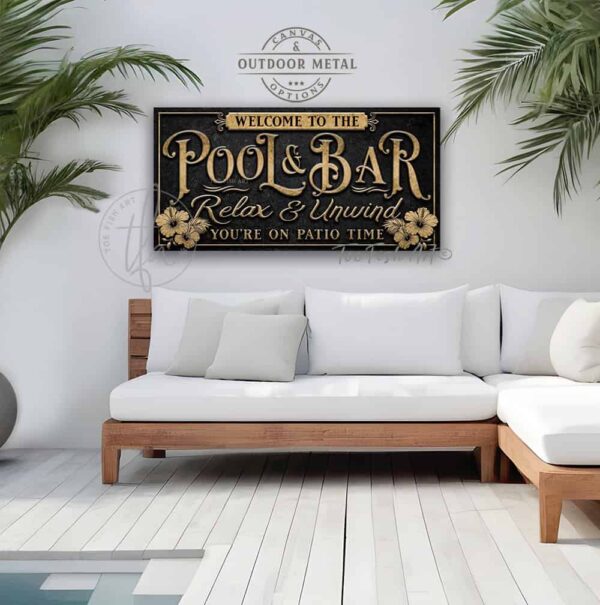 Toe Fish Art Personalize-able Pool & Bar sign handcrafted in Canvas or Outdoor Metal, Welcome to the Pool Bar, Relax & Unwind You're on Patio Time! It's always happy hour, Good people Good drinks Great times, Sipping Grilling Chilling, Proudly serving whatever you brought, Stylish Chic slate Black with Rustic Gold lettering patio sign handmade by ToeFishArt. Outdoor Exterior Commercial-Grade durable Metal Sign handmade in the USA and built to last a lifetime by the Toe Fish Art family artisans. Add your custom Name to this beautiful original artwork for unique eye-catching decor indoors or outdoors. Original, custom, personalized wall decor signs. Canvas, Wood or Metal. Rustic modern farmhouse, cottagecore, vintage, retro, industrial, Americana, primitive, country, coastal, minimalist.