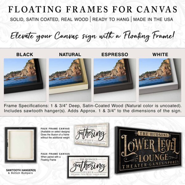 Toe Fish Art solid wood floating frames for canvas signs. Available for all canvas sizes from small to huge! Color options available: Black, Natural Wood, Espresso, White. Specifications and details as shown.