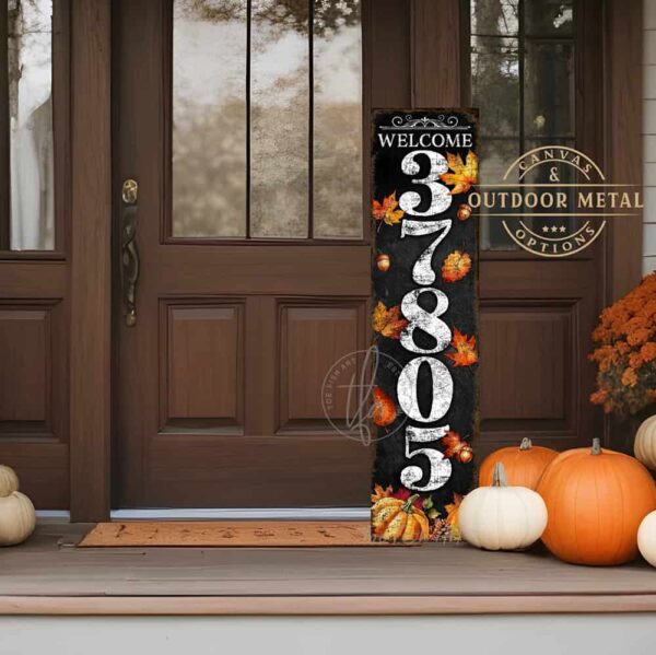 Toe Fish Art Fall Autumn Halloween Thanksgiving Home Decor Vertical Porch Leaner House Address Street Number Sign Canvas or Outdoor Weatherproof Metal. Falling Autumn Leaves and Pumpkins entryway Front Door Greeter sign with Custom Personalized Family Name Welcome options. Color options: Worn Ivory White with Rustic Black lettering, Worn Black with Rustic White lettering, Worn Black with Rustic Gold lettering. Beautiful, rich fall colors, leaves and pumpkins, rustic vintage black, white, orange, gold, yellow, green seasonal entryway decoration. Vertical Porch Leaner Weatherproof Seasonal Decor Front Door Greeter. Indoor-Outdoor Decor handcrafted in the USA for your Front Door Foyer Porch Entrance Patio Deck. Holiday Outdoor Decoration Curb Appeal handmade by woman-owned USA small family American business ToeFishArt. Original, custom, personalized wall decor signs. Canvas, Wood or Metal. Rustic modern farmhouse, cottagecore, vintage, retro, industrial, Americana, primitive, country, coastal, minimalist.